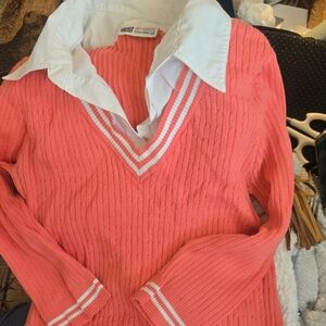 Faded Glory Coral V-Neck Sweater with White Accents